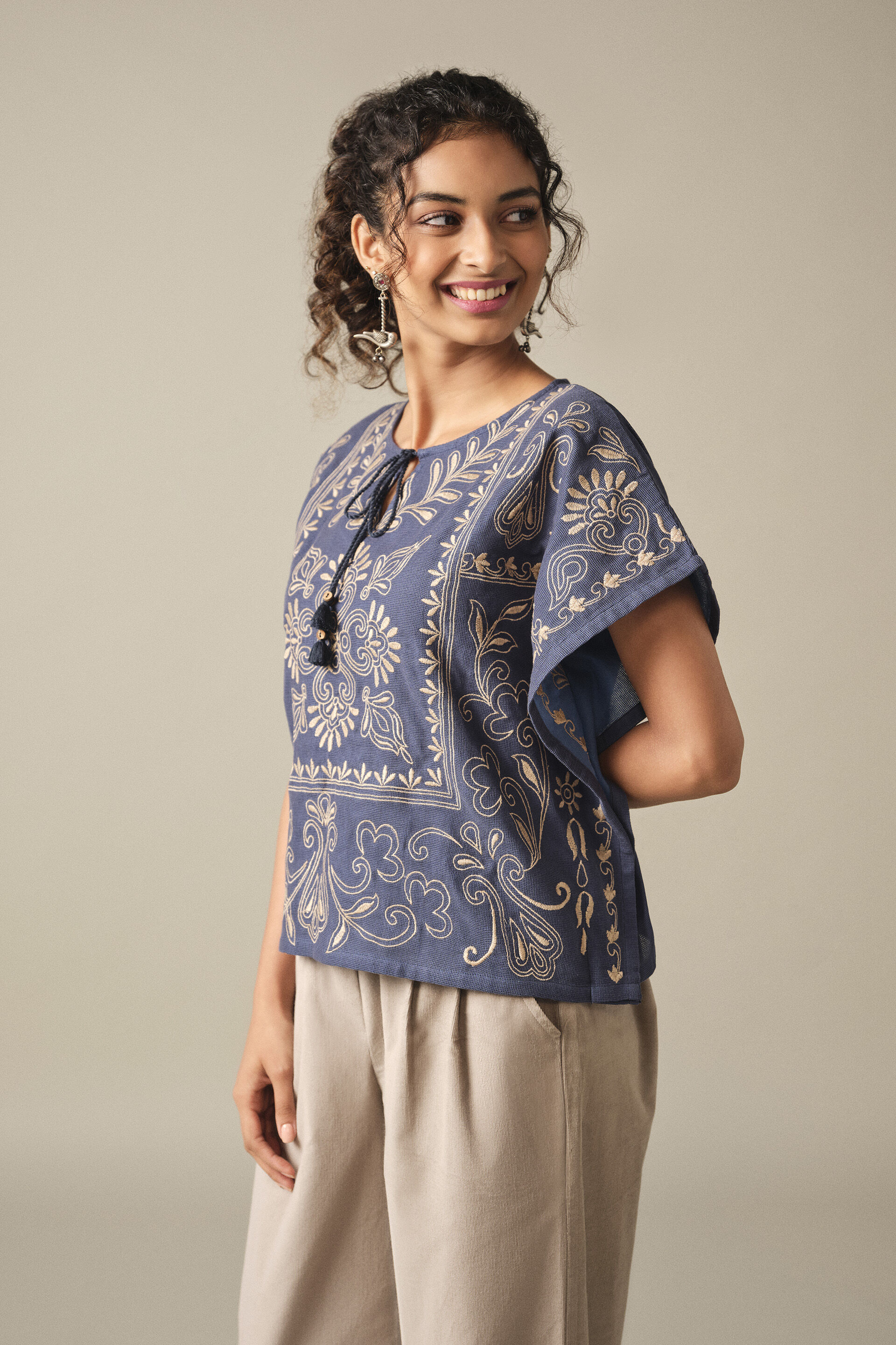 Embroidered Boxy Cotton Top in Indigo, Indigo, image 4